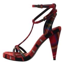 Burberry Red Novacheck Canvas Hans 110 T Strap Sandals Size 38