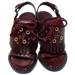 مملوكة مسبقًا Burberry Burgundy Leather Beverley Fringe Slingback Sandals Size 36