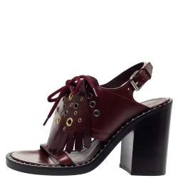 مملوكة مسبقًا Burberry Burgundy Leather Beverley Fringe Slingback Sandals Size 36