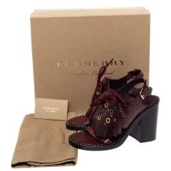 مملوكة مسبقًا Burberry Burgundy Leather Beverley Fringe Slingback Sandals Size 36