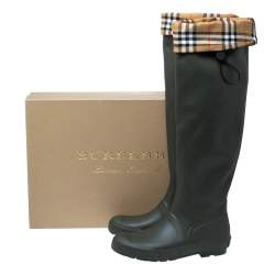 Pre Owned Burberry Military Green Rubber And Vintage Check Fabric Knee High  Rainboots Size 41