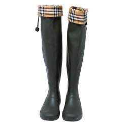 Pre Owned Burberry Military Green Rubber And Vintage Check Fabric Knee High  Rainboots Size 41