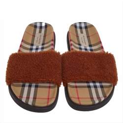 مملوكة مسبقًا حذاء سلايدز بربرى فلات كينكوت قماش كاروهات فينتدج وفرو قطيفة بنى مقاس 41