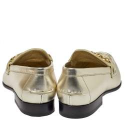 Pre Owned Burberry Metallic Gold Leather Solway Chain Detail Slip On Loafers Size 38.5