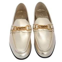 Pre Owned Burberry Metallic Gold Leather Solway Chain Detail Slip On Loafers Size 39.5