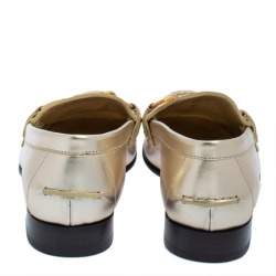 Pre Owned Burberry Metallic Gold Leather Solway Chain Detail Slip On Loafers Size 39.5