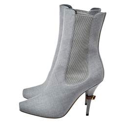 Burberry Grey Canvas And Elastic Fabric Peep Toe Kenzie Ankle Boots Size 39