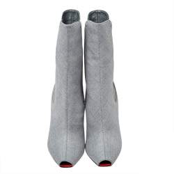 Burberry Grey Canvas And Elastic Fabric Peep Toe Kenzie Ankle Boots Size 39