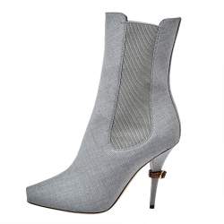 Burberry Grey Canvas And Elastic Fabric Peep Toe Kenzie Ankle Boots Size 39