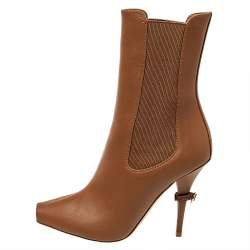 Pre Owned Burberry Brown Leather And Elastic Fabric Peep Toe Kenzie Ankle Boots Size 37