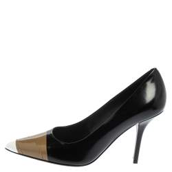 Pre Owned Burberry Black/Brown Leather and Patent Leather Pointed Toe Annalise Pumps Size 37.5