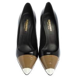 Pre Owned Burberry Black/Brown Leather and Patent Leather Pointed Toe Annalise Pumps Size 37.5