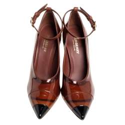 Pre Owned Burberry Brown/Black Patent Leather Brecon Ankle Strap Pumps Size 39