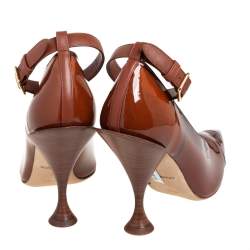 Pre Owned Burberry Brown/Black Patent Leather Brecon Ankle Strap Pumps Size 39