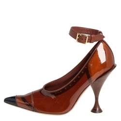 Pre Owned Burberry Brown/Black Patent Leather Brecon Ankle Strap Pumps Size 39