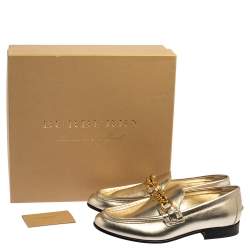 Pre Owned Burberry Light Gold Leather Solway Chain Detail Slip on Loafers Size 38.5