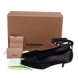 Pre Owned Burberry Black Satin And Patent Leather Kitten Heel Peep Toe Ankle Strap Pumps Size 38