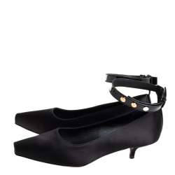 Pre Owned Burberry Black Satin And Patent Leather Kitten Heel Peep Toe Ankle Strap Pumps Size 38