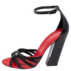 Burberry Black/Red Leather Hove Heel Ankle Strap Sandals Size 38