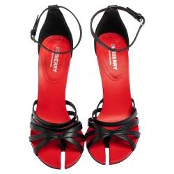 Burberry Black/Red Leather Hove Heel Ankle Strap Sandals Size 38