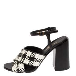 Burberry White/Black Woven Leather Block Heel Sandals Size 37.5