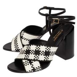 Burberry White/Black Woven Leather Block Heel Sandals Size 37.5