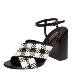 Burberry White/Black Woven Leather Block Heel Sandals Size 37.5