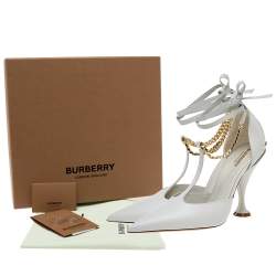 Pre Owned Burberry Pebble Grey Leather Welton Chain Detail T-Strap Ankle-Tie Pumps Size 39