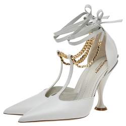 Pre Owned Burberry Pebble Grey Leather Welton Chain Detail T-Strap Ankle-Tie Pumps Size 39