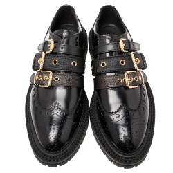 Pre Owned Burberry Black Patent Leather Doherty Multi-Strap Brogue Oxfords Size 39.5