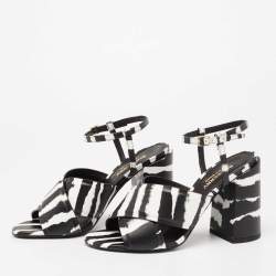 Pre Owned Burberry Black/White Leather Ankle Strap Castlebar Sandals Size 37