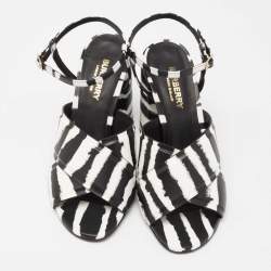 Pre Owned Burberry Black/White Leather Ankle Strap Castlebar Sandals Size 37