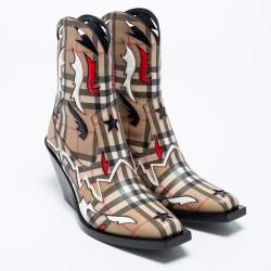 Pre Owned Burberry Beige Canvas Applique Cowboy Boots Size 36.5