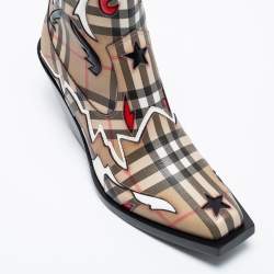 Pre Owned Burberry Beige Canvas Applique Cowboy Boots Size 36.5