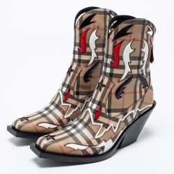 Pre Owned Burberry Beige Canvas Applique Cowboy Boots Size 36.5