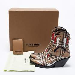 Pre Owned Burberry Beige Canvas Applique Cowboy Boots Size 36.5