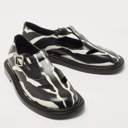 Pre Owned Burberry Black/White Leather Zebra Print T Bar Loafers Size 37