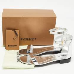 Pre Owned Burberry Silver Foil Leather Ankle Cuff Flat Sandals Size 41