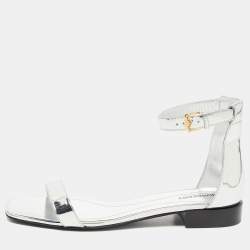 Pre Owned Burberry Silver Foil Leather Ankle Cuff Flat Sandals Size 41