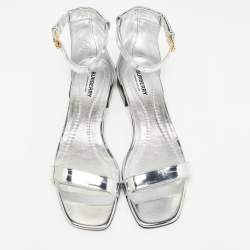 Pre Owned Burberry Silver Foil Leather Ankle Cuff Flat Sandals Size 41