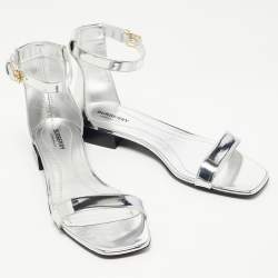 Pre Owned Burberry Silver Foil Leather Ankle Cuff Flat Sandals Size 41