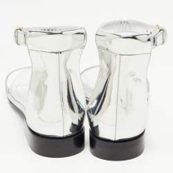 Pre Owned Burberry Silver Foil Leather Ankle Cuff Flat Sandals Size 41