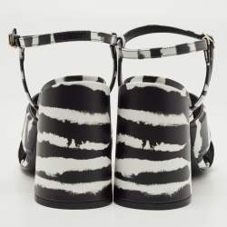Burberry Black/White Leather Castlebar Block Heel Ankle Strap Sandals Size 38