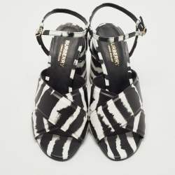 Burberry Black/White Leather Castlebar Block Heel Ankle Strap Sandals Size 38