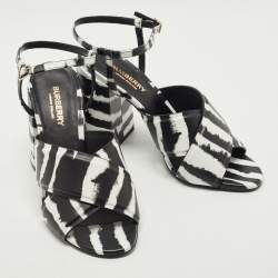 Burberry Black/White Leather Castlebar Block Heel Ankle Strap Sandals Size 38