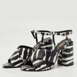 Burberry Black/White Leather Castlebar Block Heel Ankle Strap Sandals Size 38