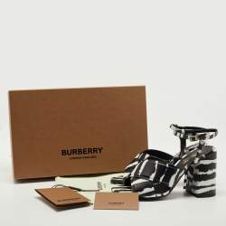 Burberry Black/White Leather Castlebar Block Heel Ankle Strap Sandals Size 38