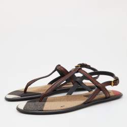 مملوكة مسبقًا Burberry Brown/Black Leather Flat Thong Sandals Size 37