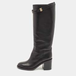 مملوكة مسبقًا Burberry Black Leather Buckle Knee Length Boots Size 40