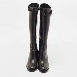 مملوكة مسبقًا Burberry Black Leather Buckle Knee Length Boots Size 40